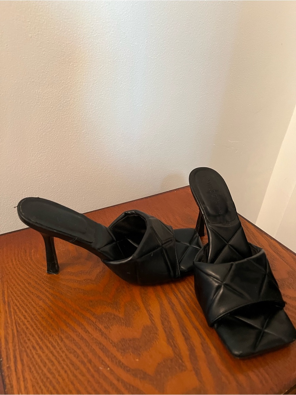 Wild Diva Black Quilted Square-Toe High Heel Mules
